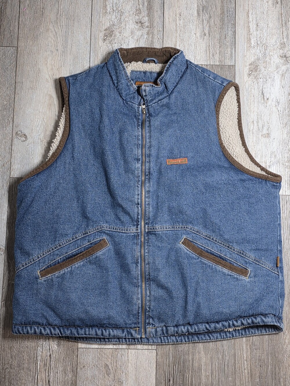 Wrangler Hero Vintage Men's Sherpa Lined Corduroy Trim Zip-up Denim Veat Sz XL